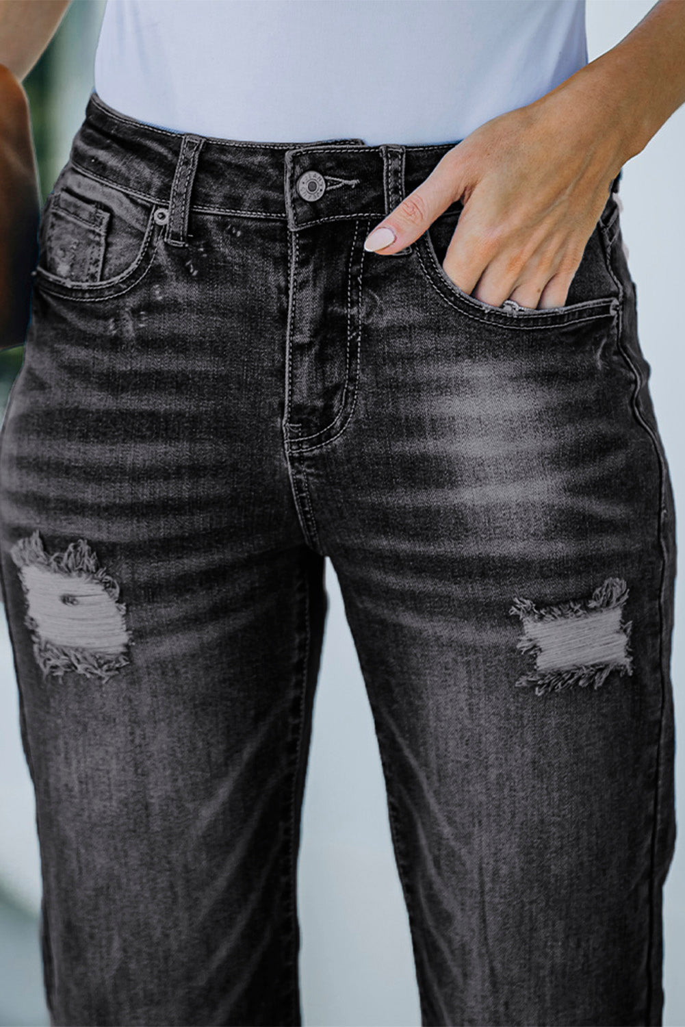 Black High Rise Washed Distressed Flare Jeans Jeans JT's Designer Fashion