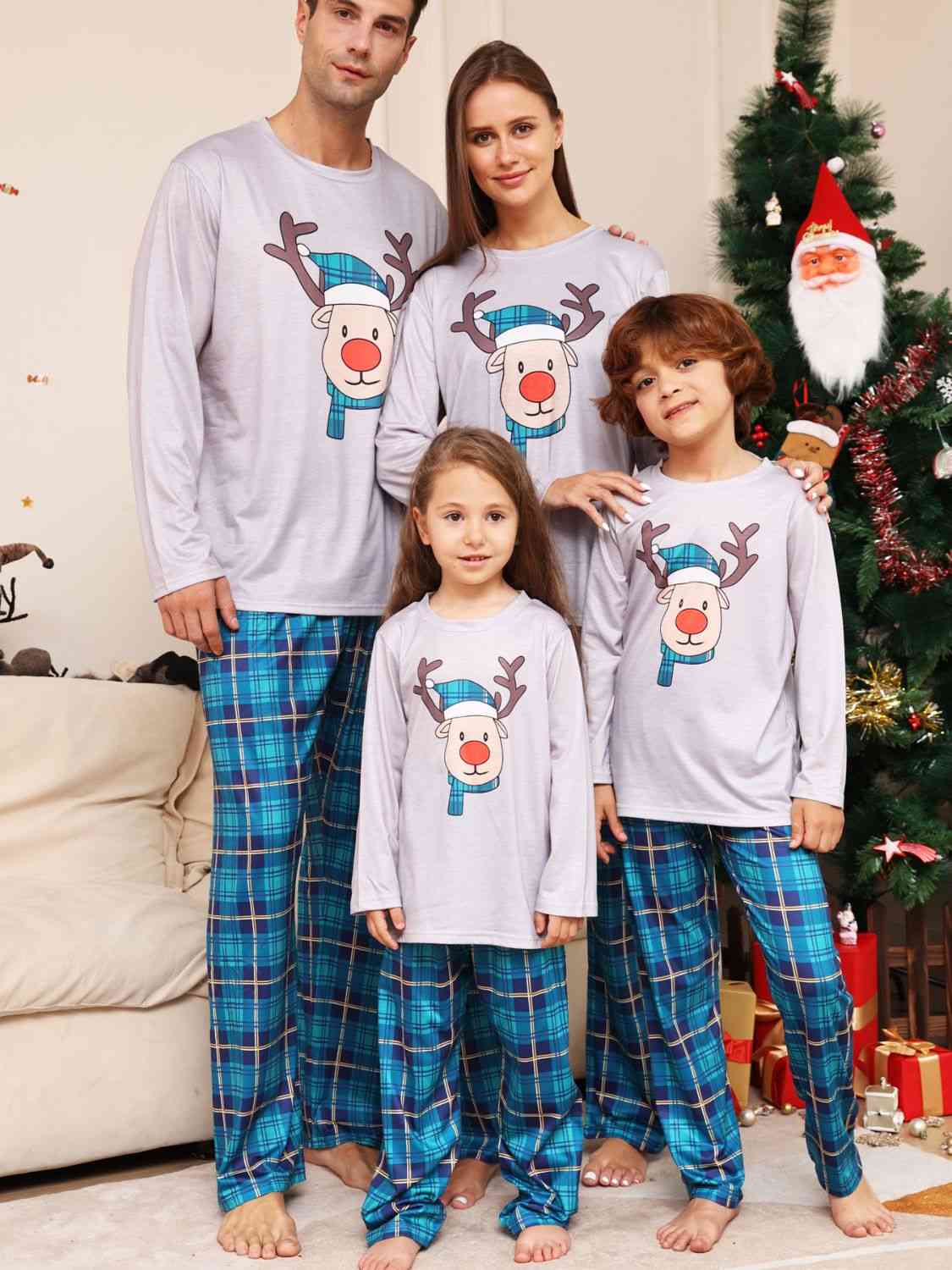 Full Size Rudolph Graphic Long Sleeve Top and Plaid Pants Set Family Sets JT's Designer Fashion