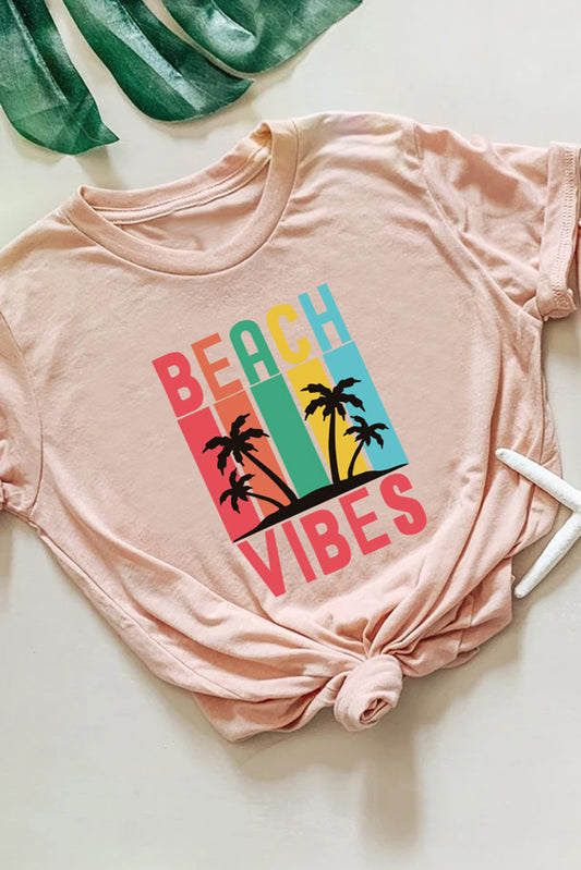 Pink Daughter and Me BEACH VIBES Plant Print Graphic T Shirt Pink 95%Cotton+5%Elastane Family T-shirts JT's Designer Fashion