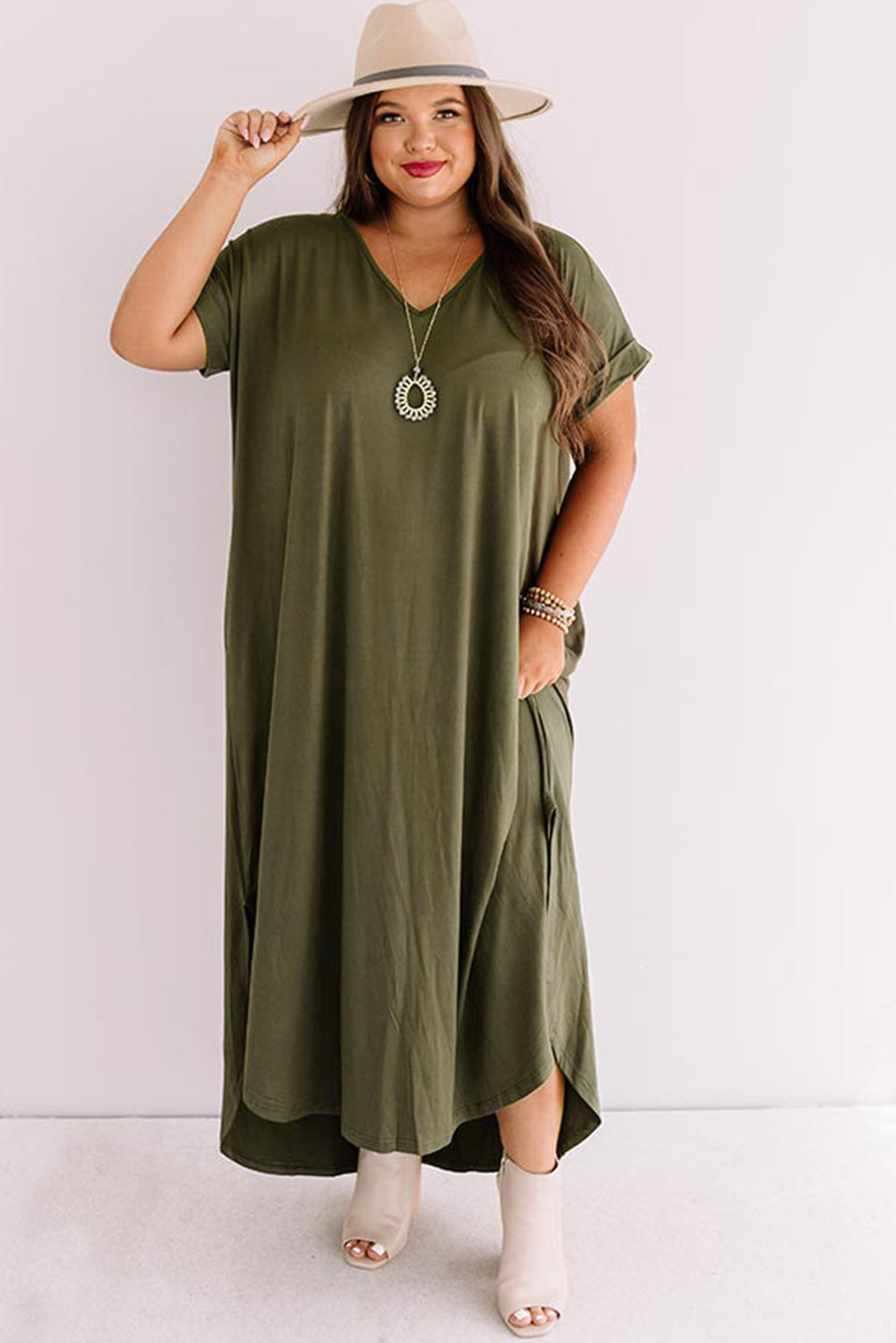 Green Plus Size V Neck Rolled Cuffs Maxi Dress Plus Size Dresses JT's Designer Fashion