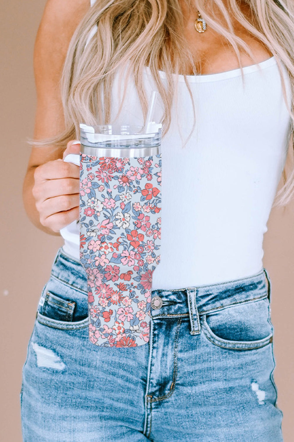 Multicolour Floral Print Handled Stainless Tumbler with Straw Tumblers JT's Designer Fashion