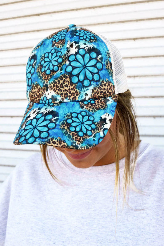 Multicolor Leopard Turquoise Print Creek Mesh Ponytail Cap Hats & Caps JT's Designer Fashion