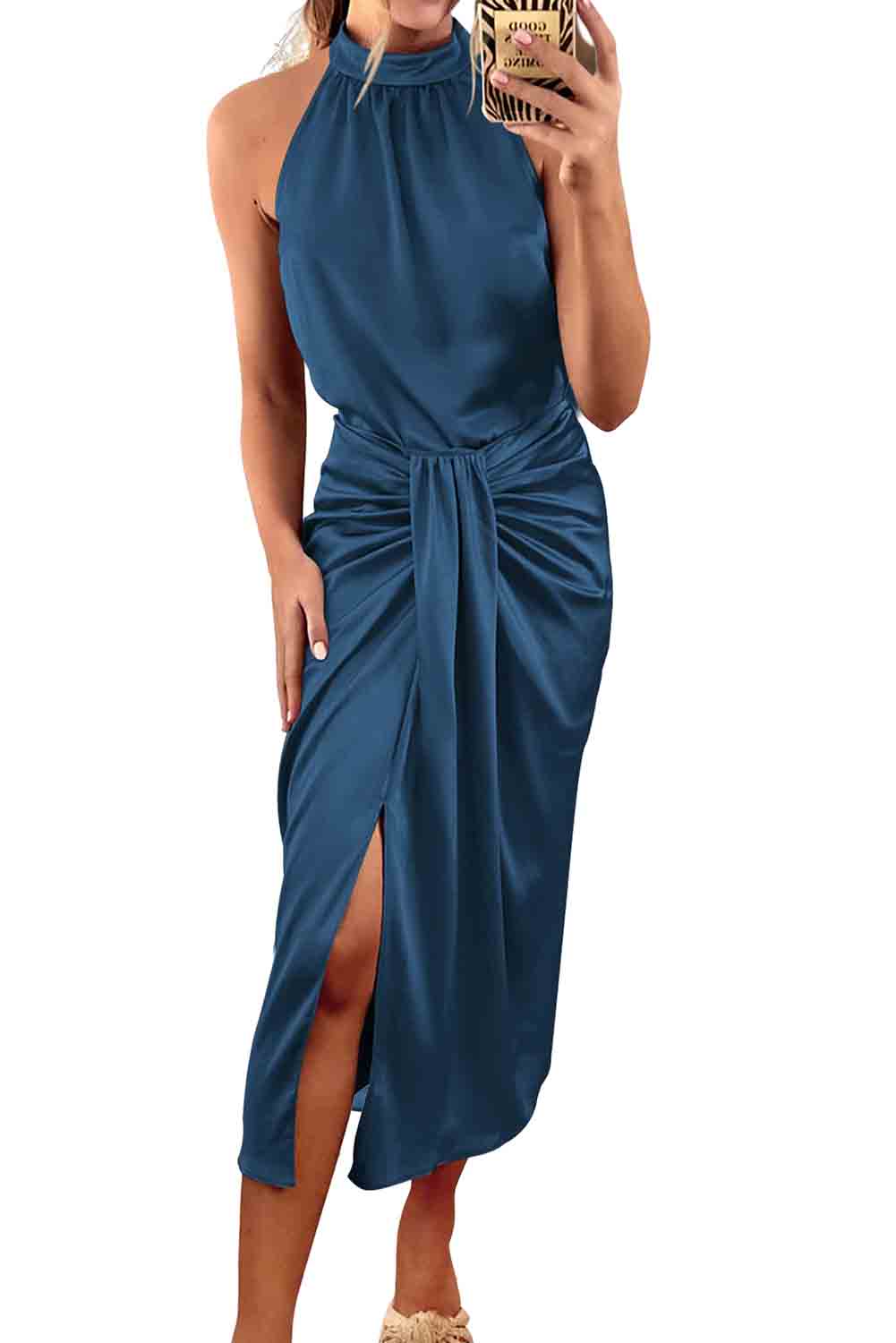 Blue Draped Ruched Halter Neck Midi Dress with Slit Dresses JT's Designer Fashion
