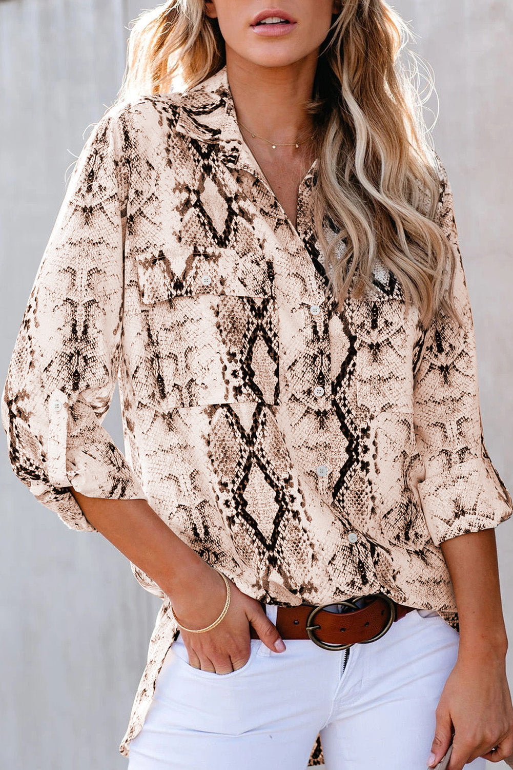 Brown Wild Snake Print Shirt with Pockets Blouses & Shirts JT's Designer Fashion