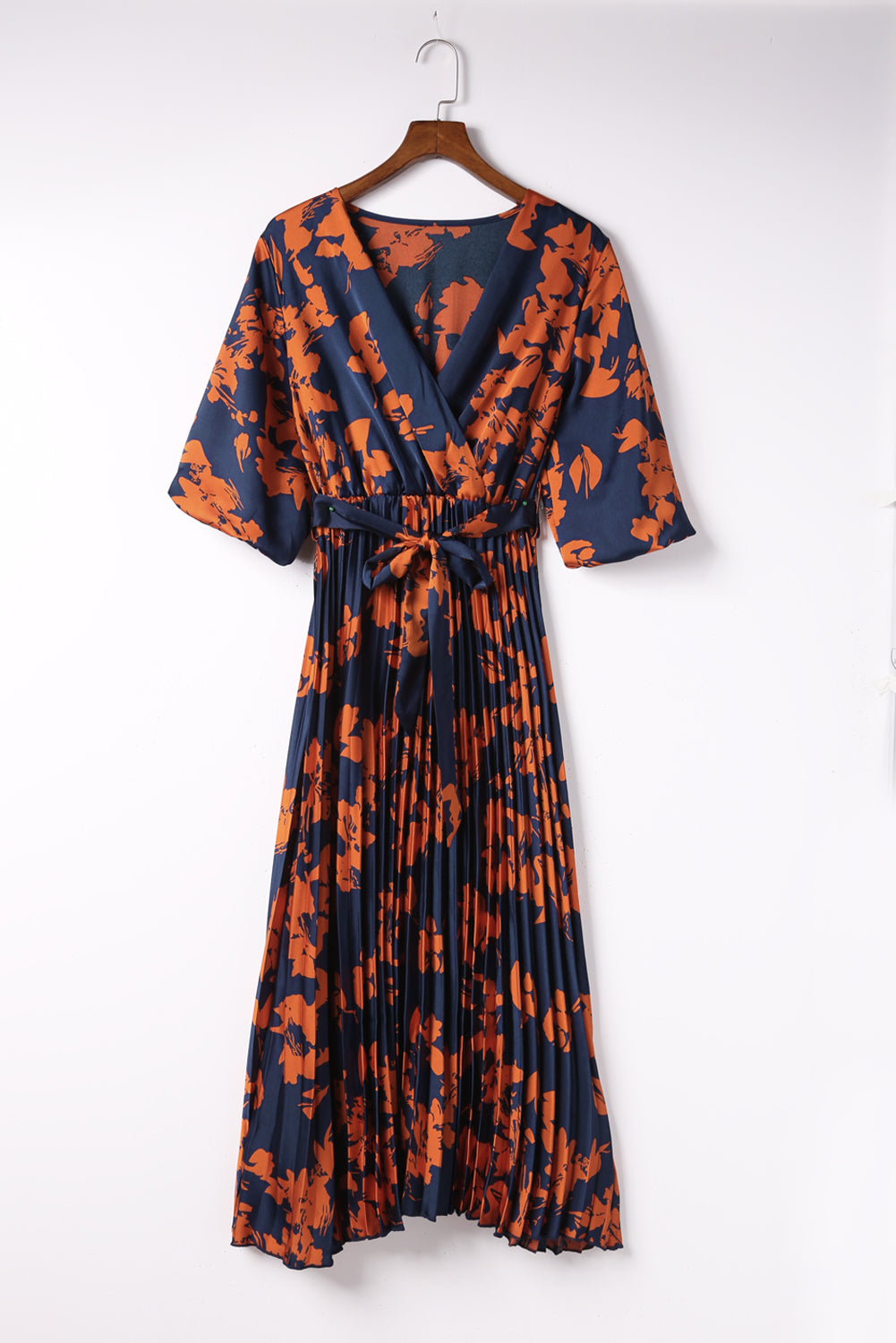 Orange V Neck Wrap Pleated Maxi Floral Dress with Tie Floral Dresses JT's Designer Fashion
