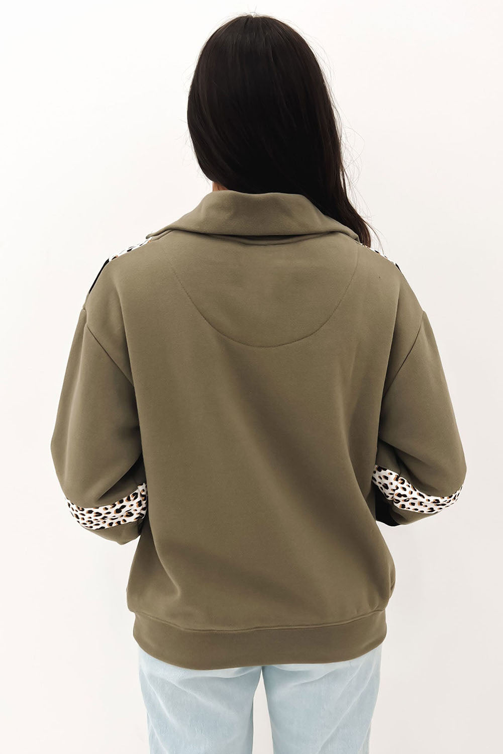 Green Leopard Contrast Splicing Quarter Zip Sweatshirt Pre Order Sweatshirts & Hoodies JT's Designer Fashion