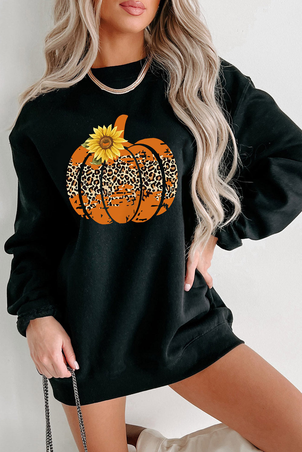 Black Leopard Pumpkin Sunflower Graphic Sweatshirt Black 70%Polyester+30%Cotton Graphic Sweatshirts JT's Designer Fashion