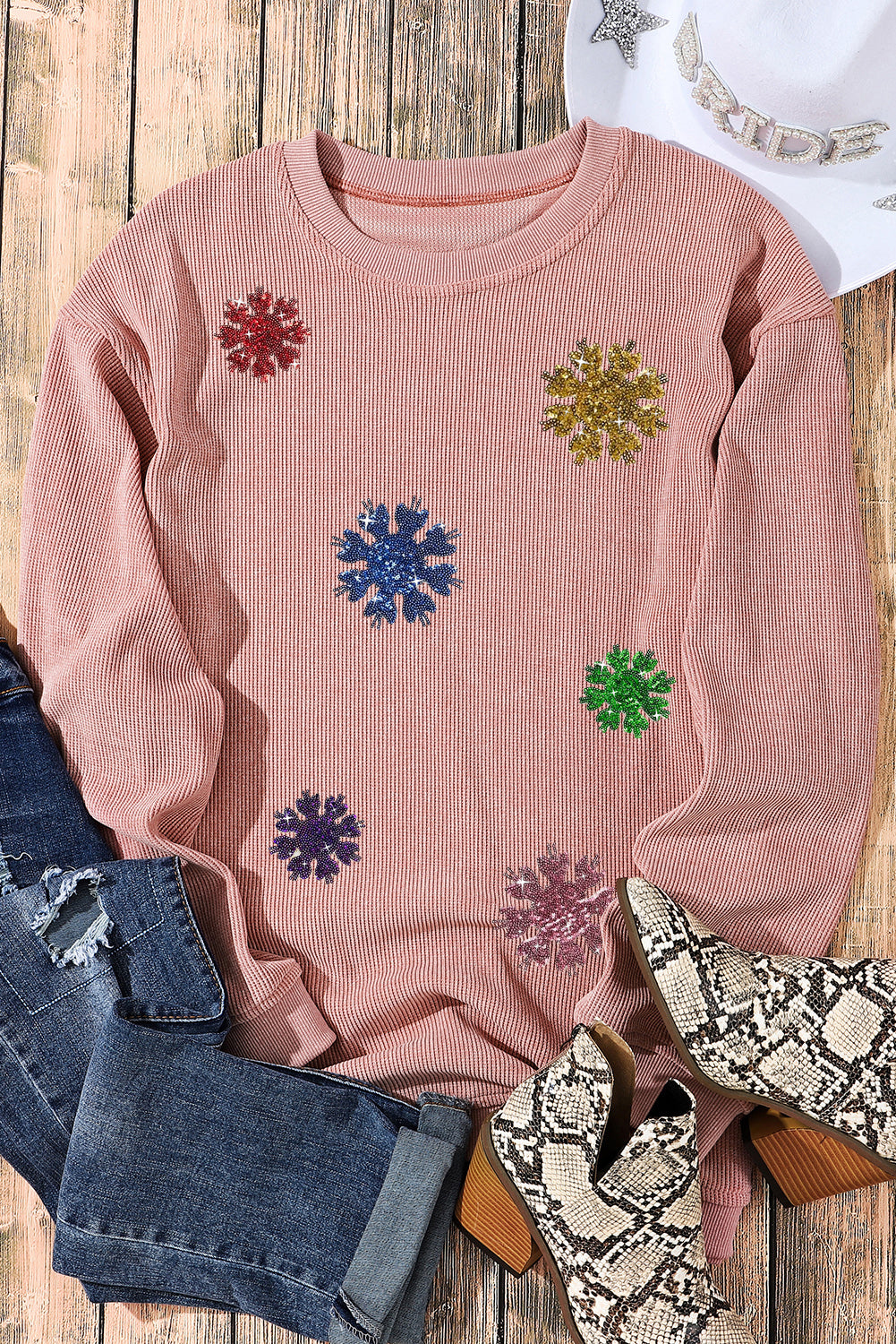 Pink Sequin Snowflake Corded Drop Shoulder Sweatshirt Graphic Sweatshirts JT's Designer Fashion