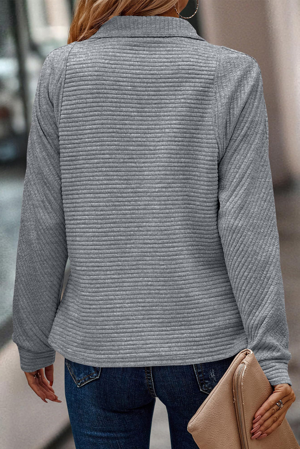 Light Grey Quarter Zipper Collared Ribbed Knit Plus Size Top Pre Order Plus Size JT's Designer Fashion