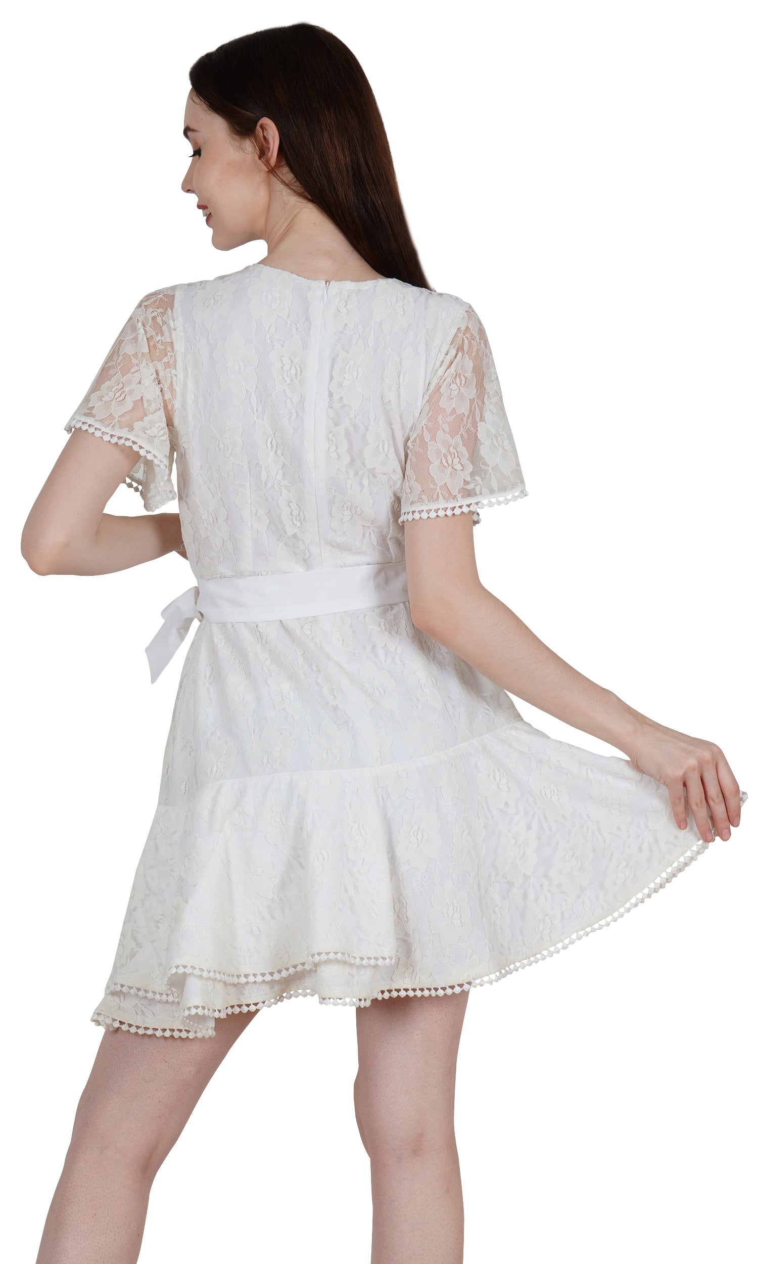 Ladies White Ruffle Lace Wrap Mini Dress Mini Dresses JT's Designer Fashion