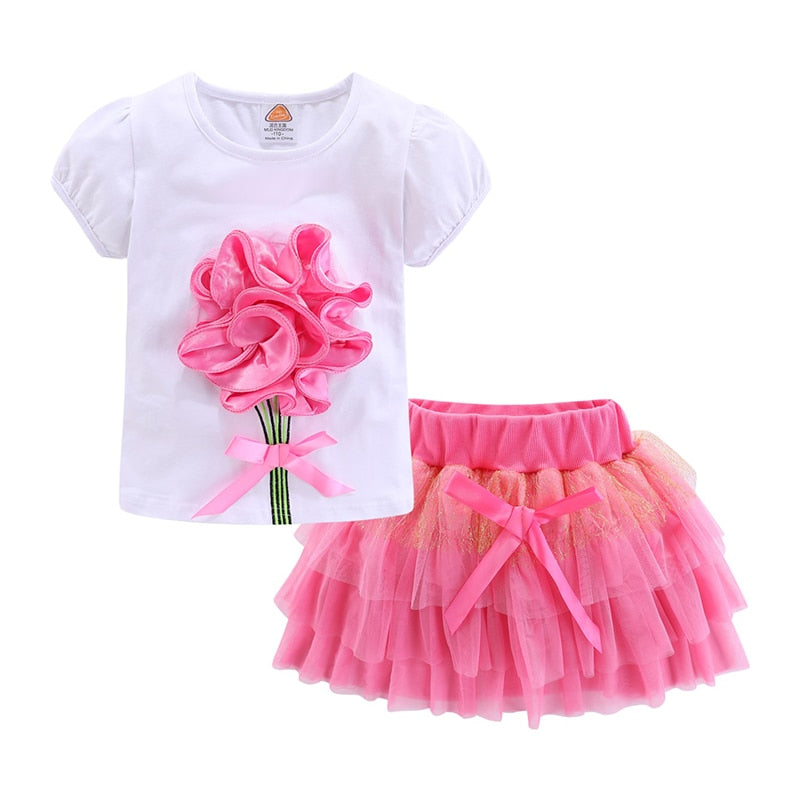 Adorable Girls 3D Flower and Bow Skirt Set Pink Girls Dresses JT's Designer Fashion