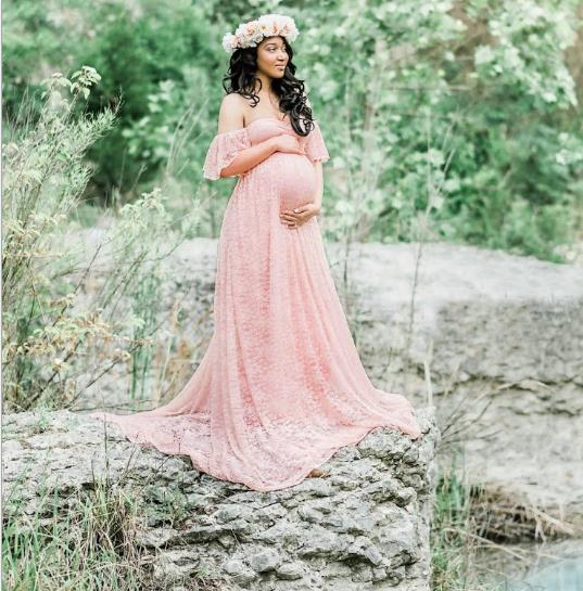 Lace Maternity Maxi Dress With Train Pink Maternity Dresses JT's Designer Fashion