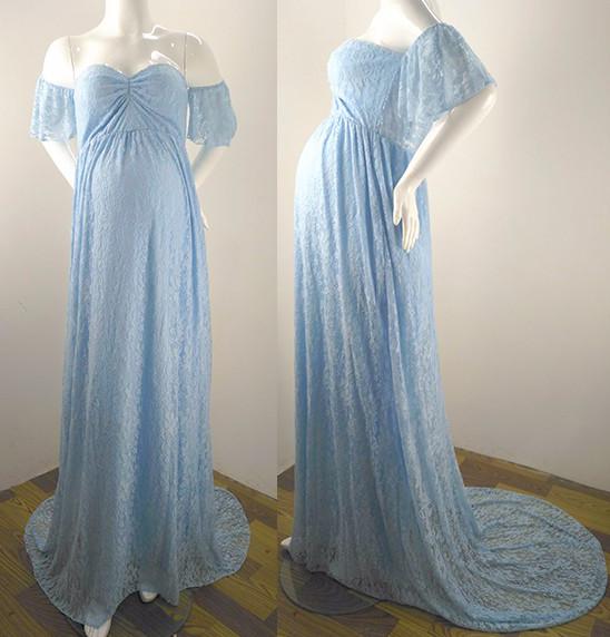 Lace Maternity Maxi Dress With Train Mist blue Maternity Dresses JT's Designer Fashion