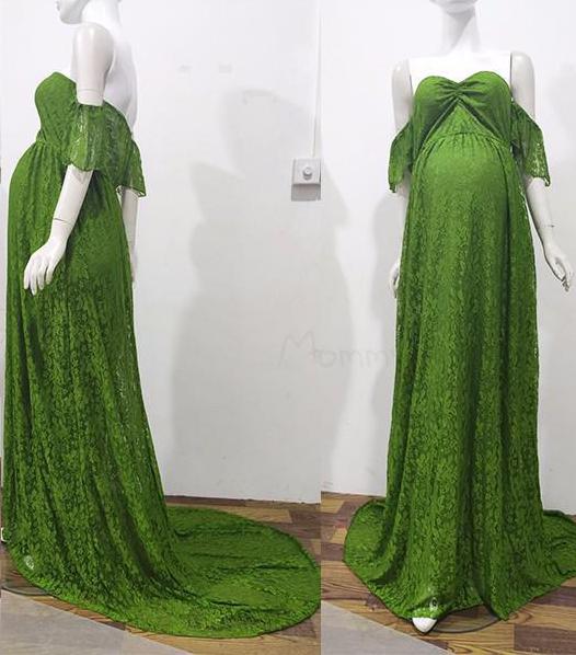 Lace Maternity Maxi Dress With Train green Maternity Dresses JT's Designer Fashion