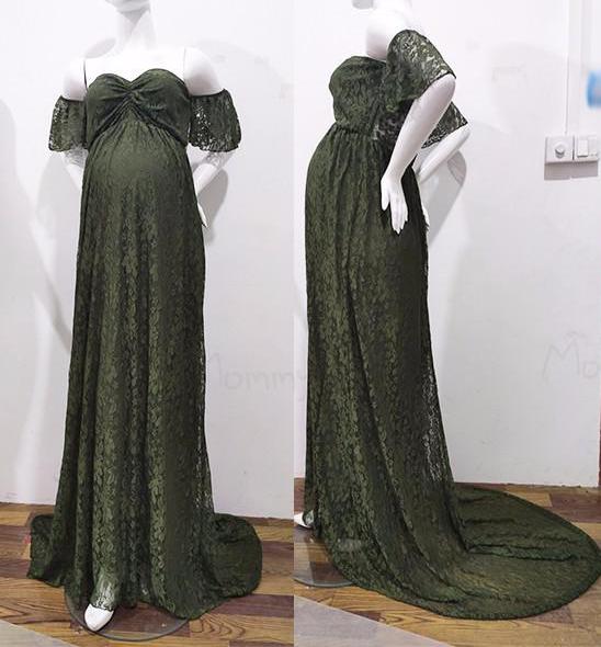 Lace Maternity Maxi Dress With Train Army Green Maternity Dresses JT's Designer Fashion