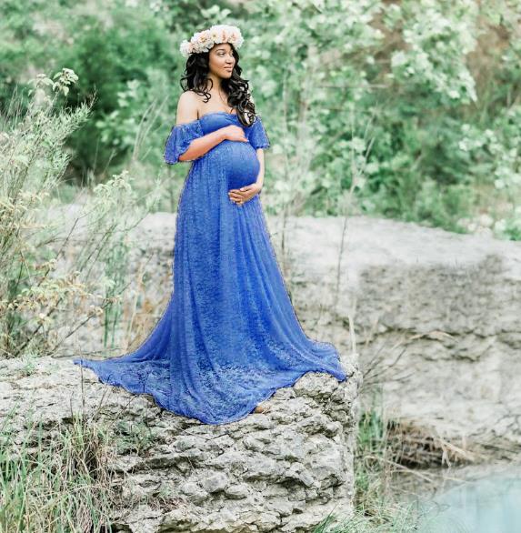 Lace Maternity Maxi Dress With Train Blue Maternity Dresses JT's Designer Fashion