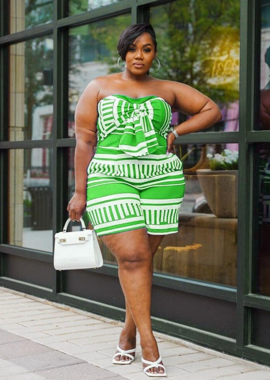 Big Bow Tie Front Striped Plus Size Stretchy Romper Jumpsuits & Rompers JT's Designer Fashion
