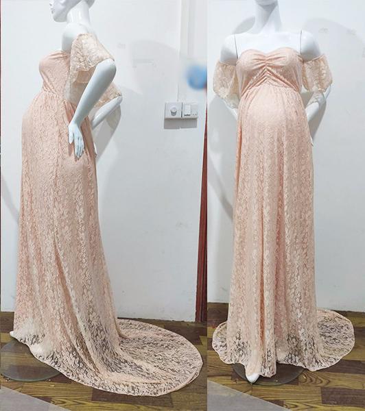 Lace Maternity Maxi Dress With Train Almond Maternity Dresses JT's Designer Fashion