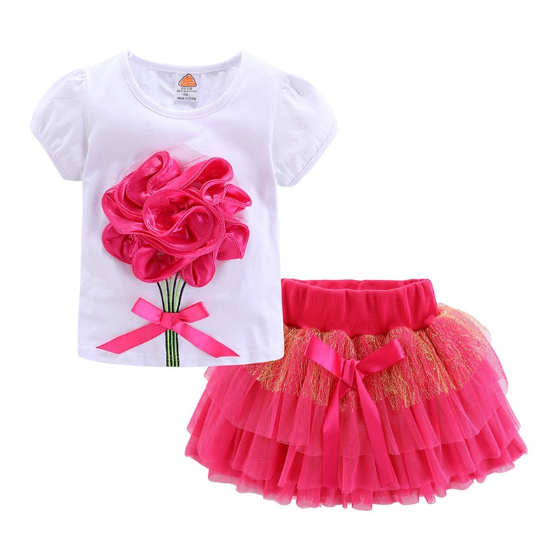 Girls 3D Flower and Bow 2 Pc Skirt Set Rose red JT's Designer Fashion
