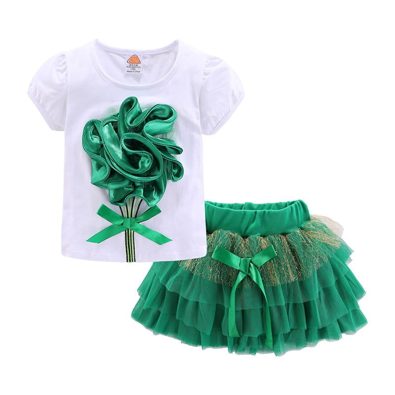 Adorable Girls 3D Flower and Bow Skirt Set Green Girls Dresses JT's Designer Fashion