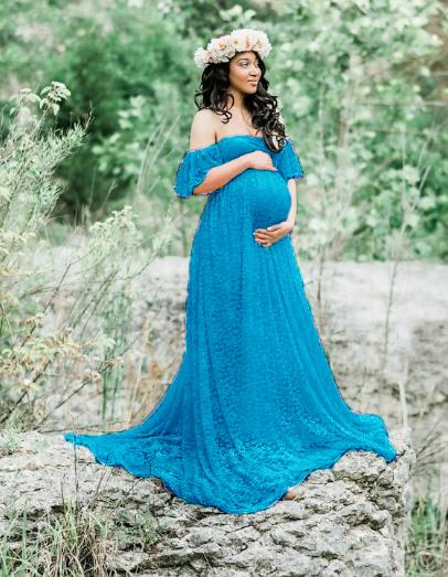 Lace Maternity Maxi Dress With Train Azure Maternity Dresses JT's Designer Fashion