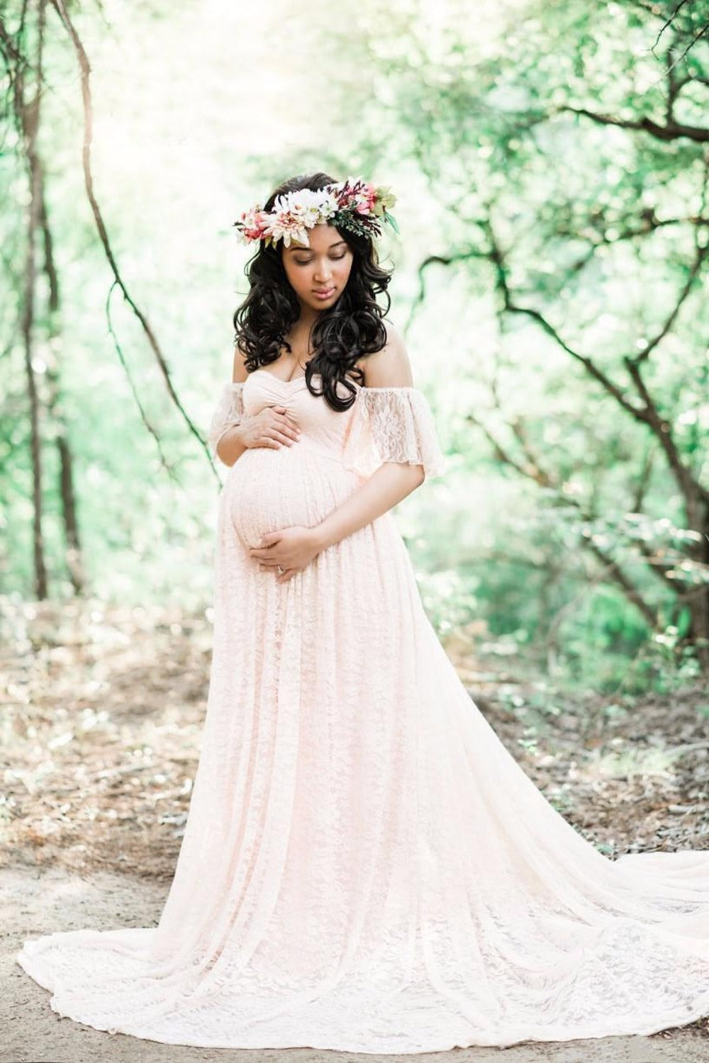 Lace Maternity Maxi Dress With Train White Maternity Dresses JT's Designer Fashion