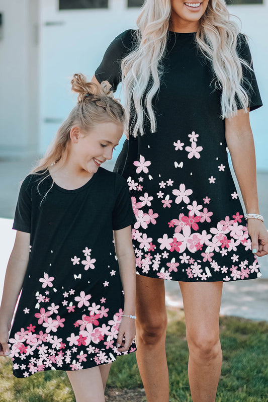 Black Family Matching Cherry Blossoms Print T Shirt Mini Dress Girls Dresses JT's Designer Fashion