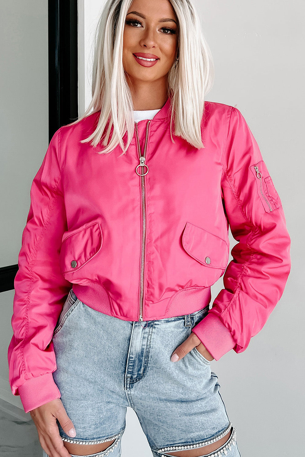 Rose Red Solid Zip up Bomber Jacket Outerwear JT's Designer Fashion