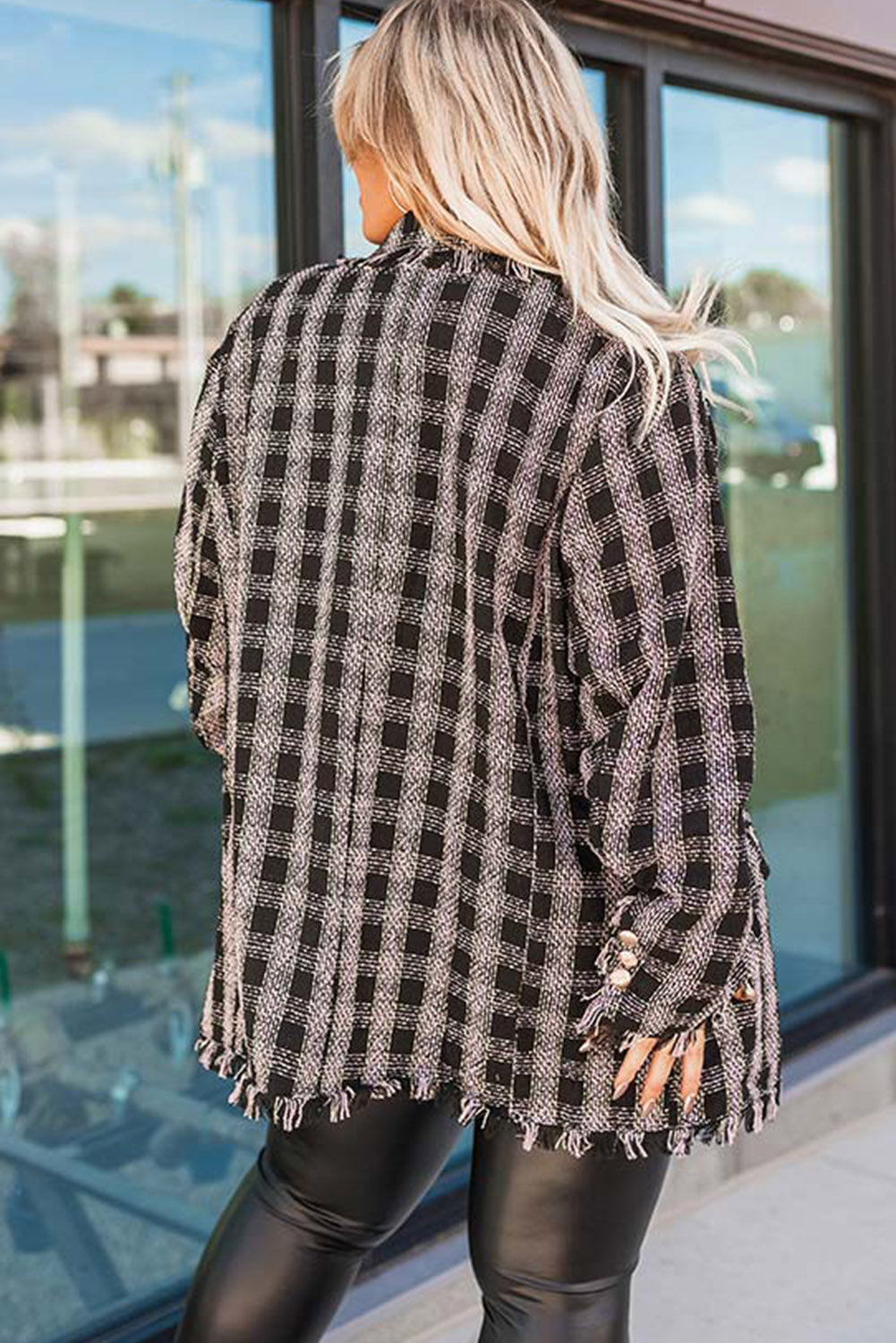 Black Plaid Tweed Frayed Trim Plus Size Blazer Plus Size JT's Designer Fashion