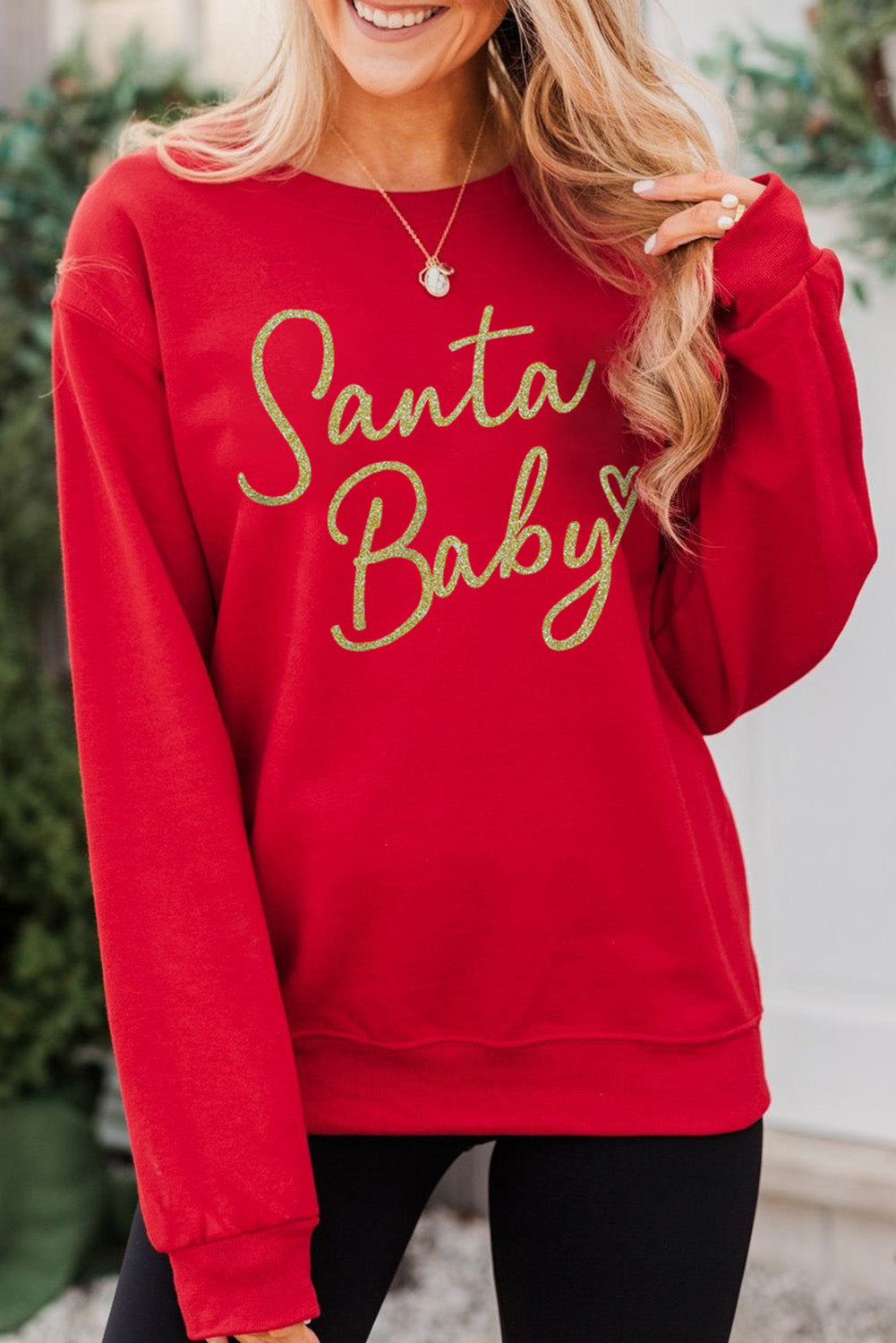Fiery Red Santa Baby Letter Glitter Print Pullover Sweatshirt Red-2 70%Polyester+30%Cotton Graphic Sweatshirts JT's Designer Fashion