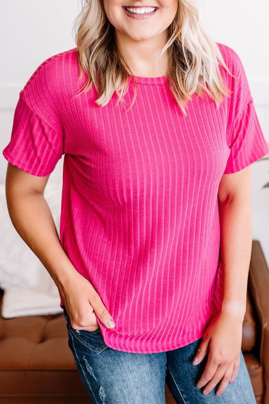 Rose Plus Size Ribbed Knit T-shirt Plus Size Tops JT's Designer Fashion