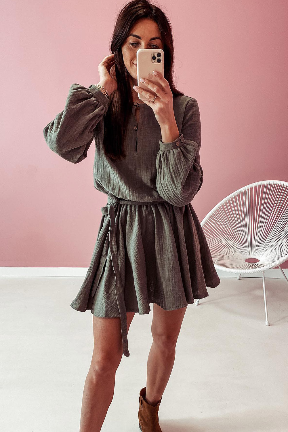 Pickle Green Button Neck Puff Sleeve Belted Pleated Mini Dress Dresses JT's Designer Fashion
