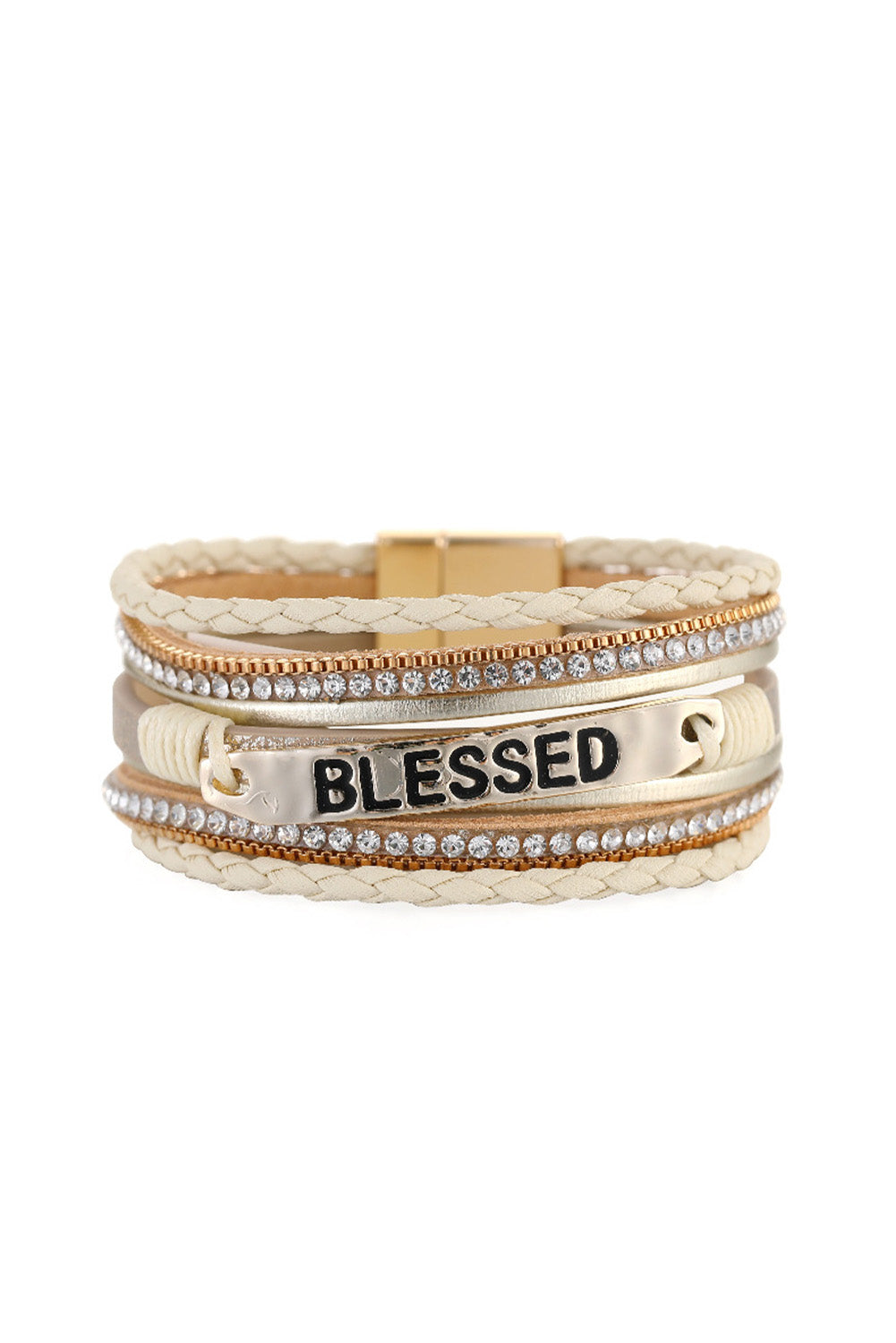 Beige BLESSED Rhinestone Braided Detail Buckle Bracelet Jewelry JT's Designer Fashion