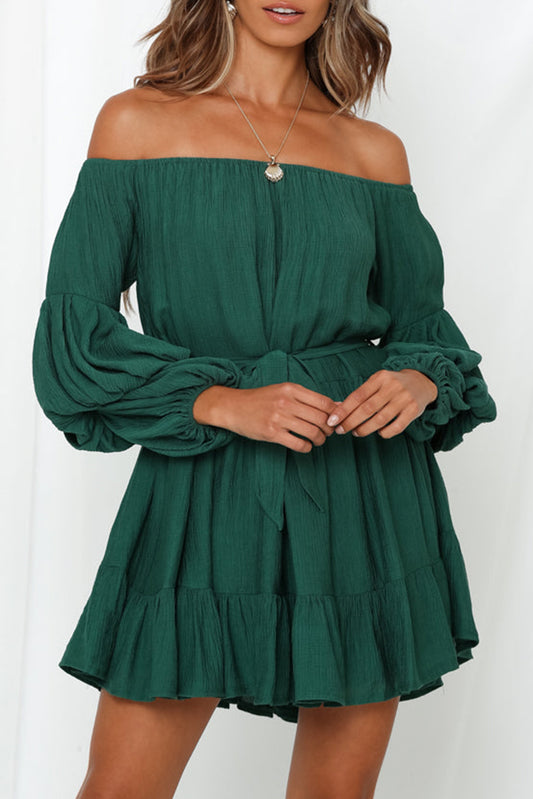 Green Off-Shoulder Bubble Sleeve Belted Mini Ruffled Dress Dresses JT's Designer Fashion