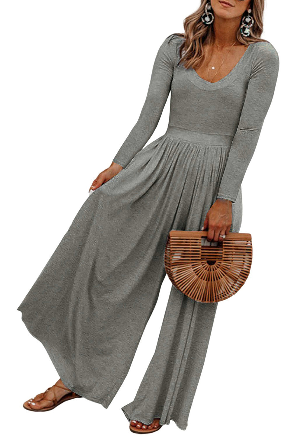 Gray Solid Long Sleeve High Waist Wide Leg Jumpsuit Jumpsuits & Rompers JT's Designer Fashion