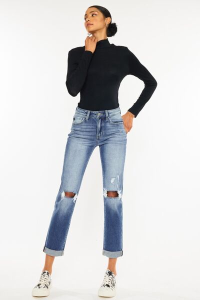 Kancan High Waist Distressed Hem Detail Cropped Straight Jeans Jeans JT's Designer Fashion