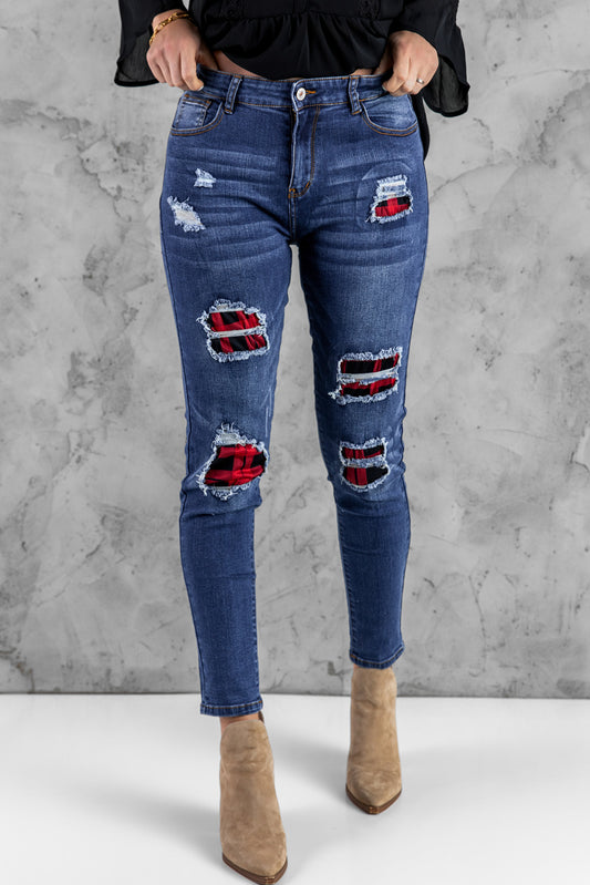 Red Plaid Patch Destroyed Skinny Jeans Blue 80%cotton+15%polyester+5%Spandex Jeans JT's Designer Fashion