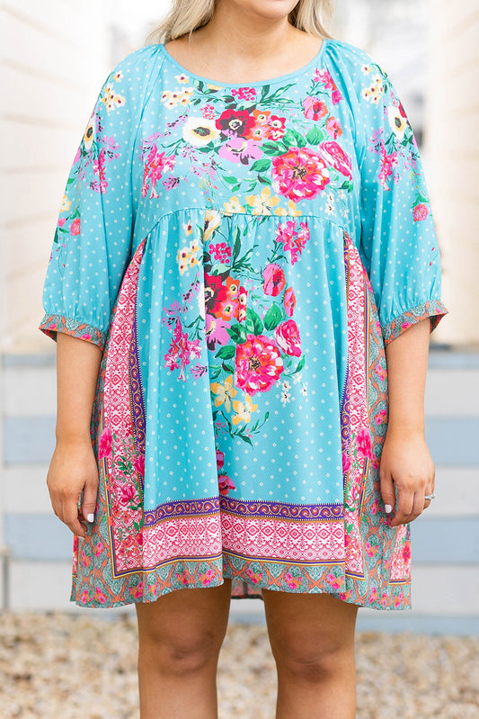 Sky Blue Mix Boho Floral Print Plus Size Mini Babydoll Dress Sky Blue 100%Polyester Plus Size Dresses JT's Designer Fashion