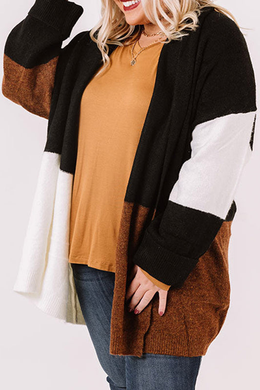Brown Plus Size Open Front Color Block Tiered Cardigan Plus Size JT's Designer Fashion