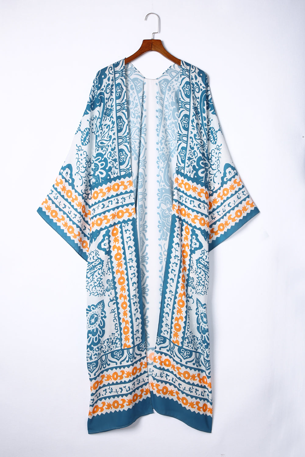 White Paisley Mix Pattern Print Long Kimono Kimonos JT's Designer Fashion
