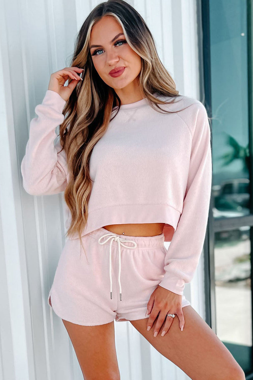 Pink Fleece Two-piece Cropped Pullover and Shorts Set Loungewear JT's Designer Fashion