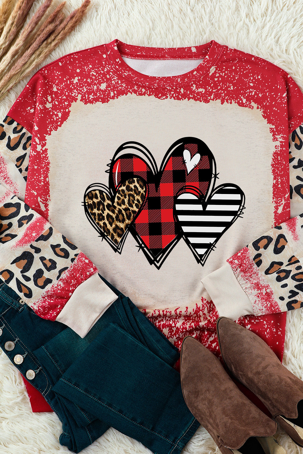 Red Heart Leopard Plaid Striped Bleached Graphic Sweatshirt Graphic Sweatshirts JT's Designer Fashion