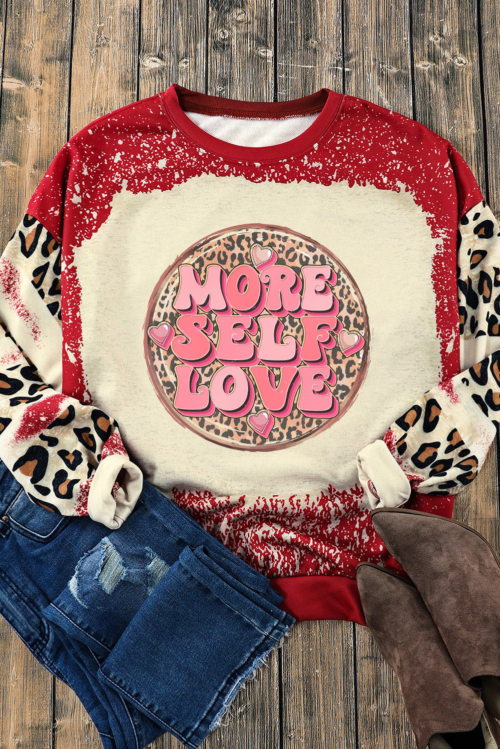 Red MORE SELF LOVE Leopard Tie Dye Graphic Sweatshirt Graphic Sweatshirts JT's Designer Fashion