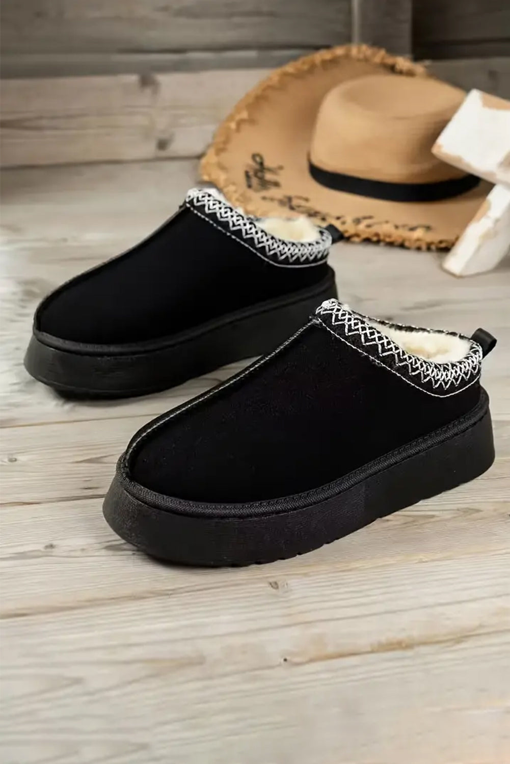 Black Suede Contrast Print Round Toe Plush Lined Flats Women's Shoes JT's Designer Fashion