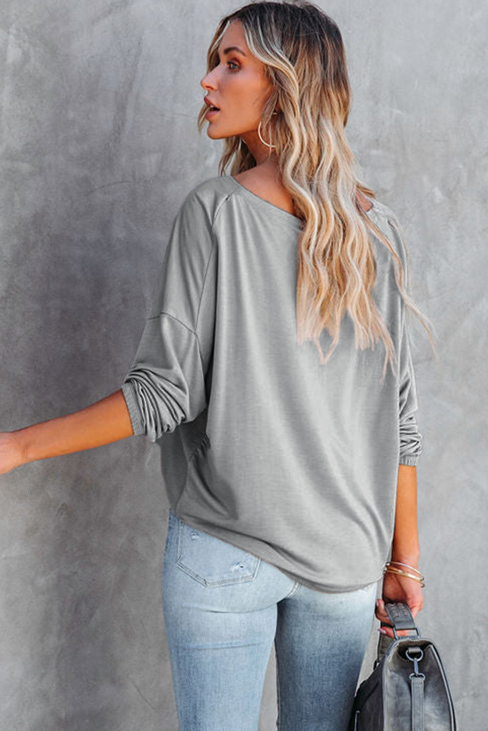 Gray Loose Fit Wide Neck Batwing Sleeves Top Long Sleeve Tops JT's Designer Fashion