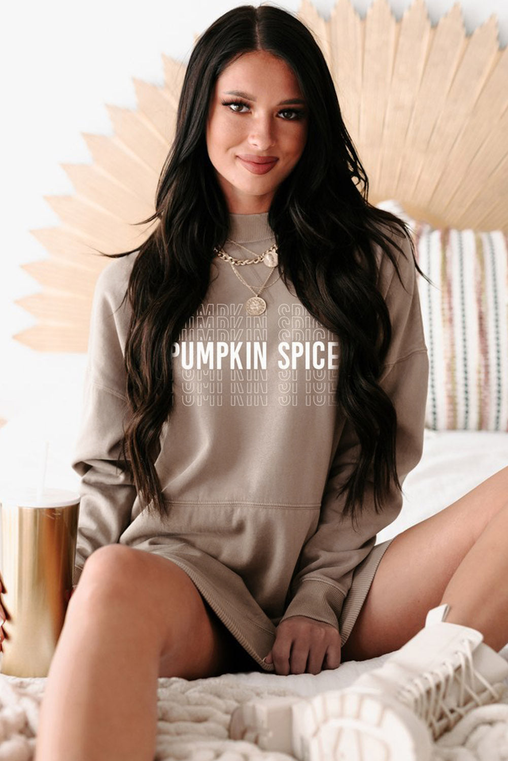 Khaki Pumpkin Spice Print Ribbed Trim Sweatshirt Dress Sweatshirts & Hoodies JT's Designer Fashion