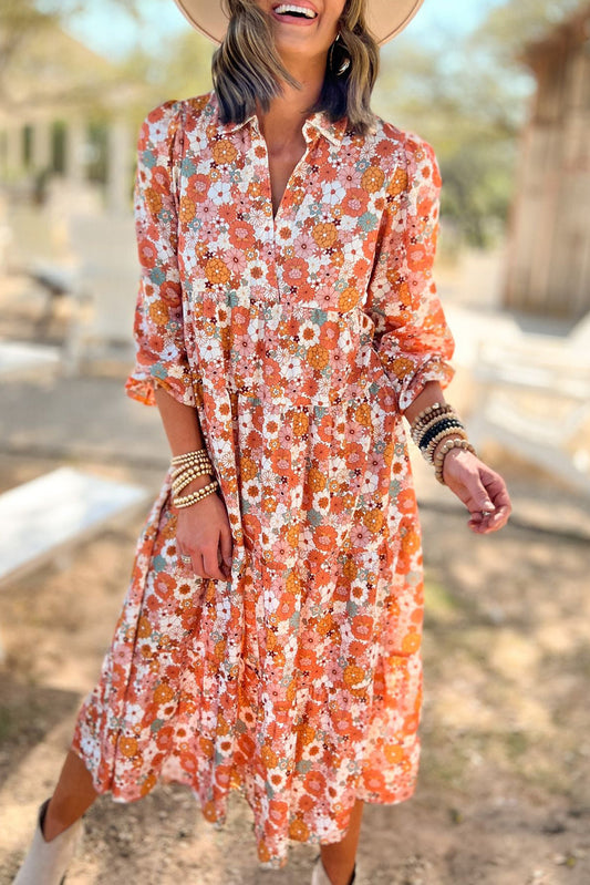 Multicolor Boho Floral Collared Long Sleeve Ruffled Dress Dresses JT's Designer Fashion