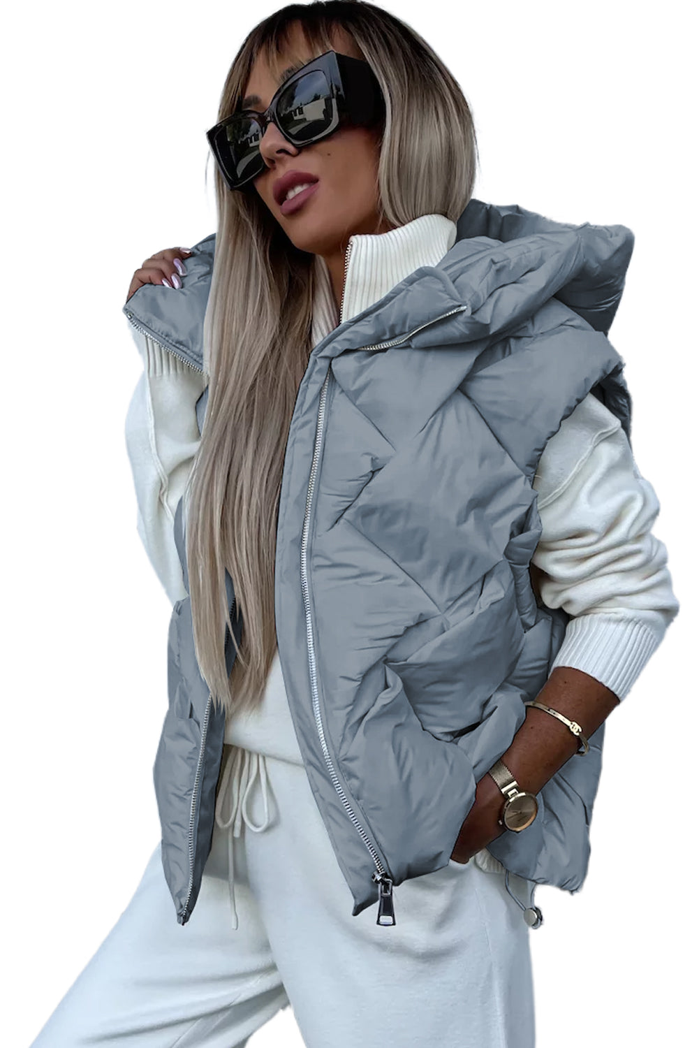 Medium Grey Quilted Zipper Front Hooded Vest Coat Outerwear JT's Designer Fashion