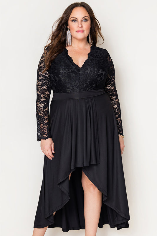 Black Plus Size High-Low Lace Contrast Evening Dress Plus Size Dresses JT's Designer Fashion