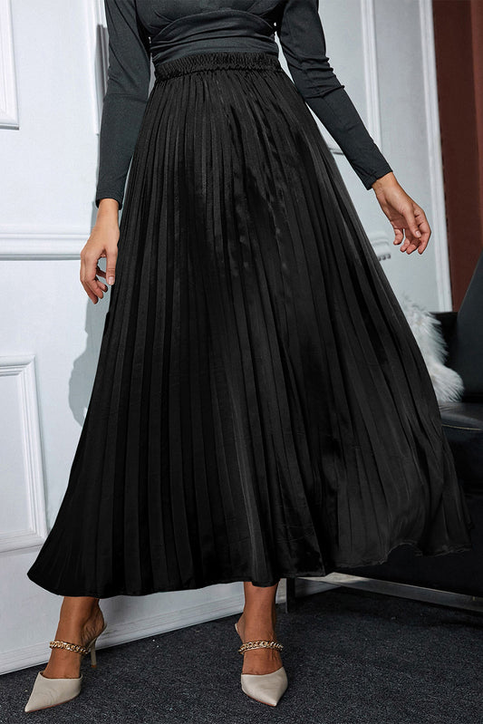 Black Satin Elastic Waist Pleated Maxi Skirt Pre Order Bottoms JT's Designer Fashion